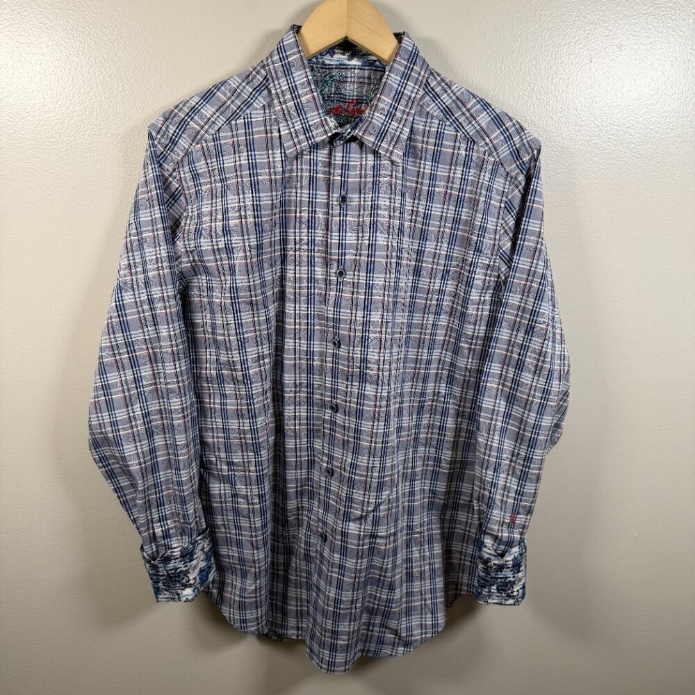 Robert Graham Button Up Shirt Size Medium Blue Flip Cuff Classic Fit Plaid